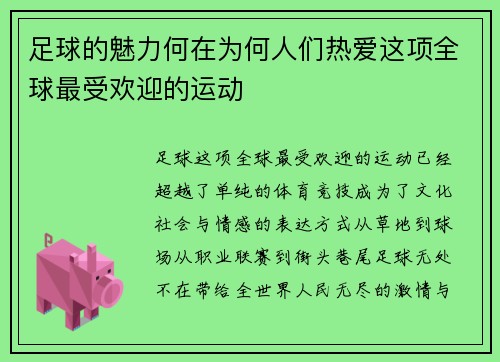 足球的魅力何在为何人们热爱这项全球最受欢迎的运动