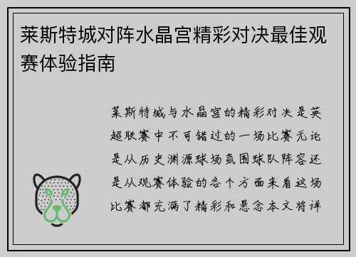 莱斯特城对阵水晶宫精彩对决最佳观赛体验指南
